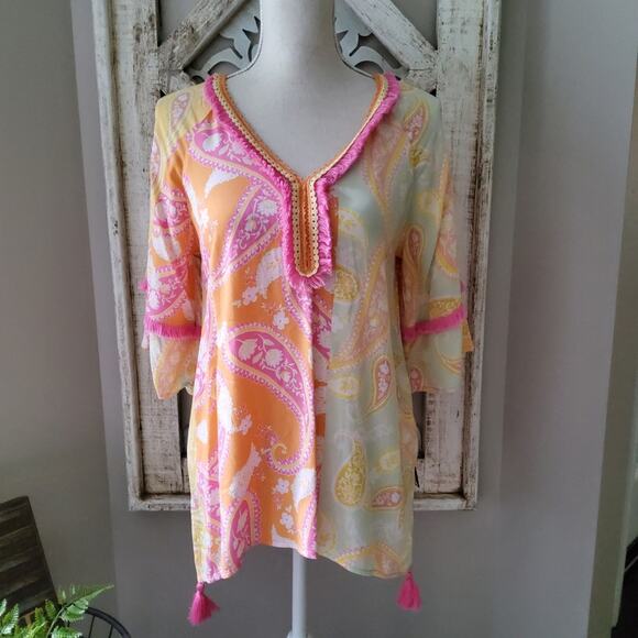 Democracy Women's Flounce Sleeve Paisley Printed Top with Tassels & Fringe - Picture 1 of 9